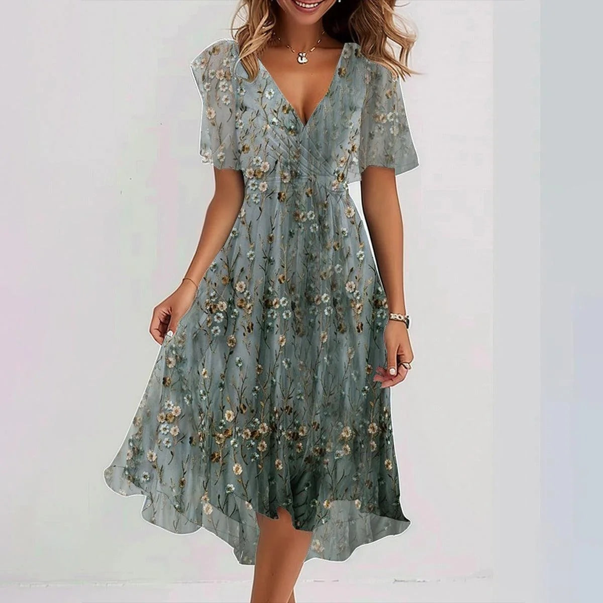 Gabrielle | Femme Robe Midi Imprimée Florale en Chiffon, Col V Élégant 4