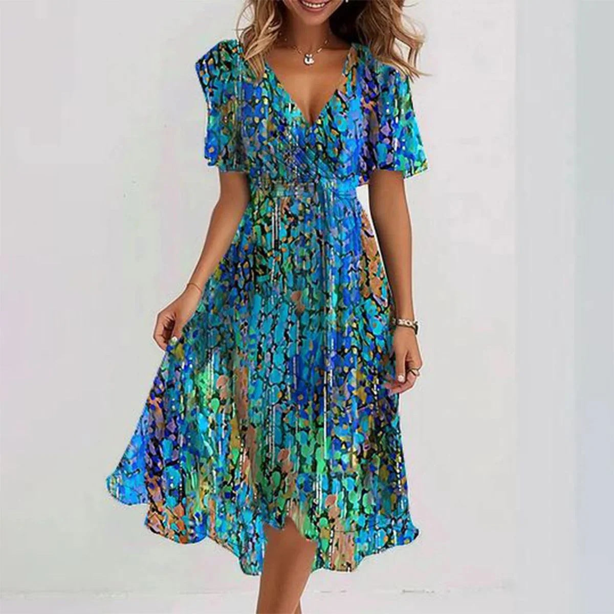 Gabrielle | Femme Robe Midi Imprimée Florale en Chiffon, Col V Élégant 2