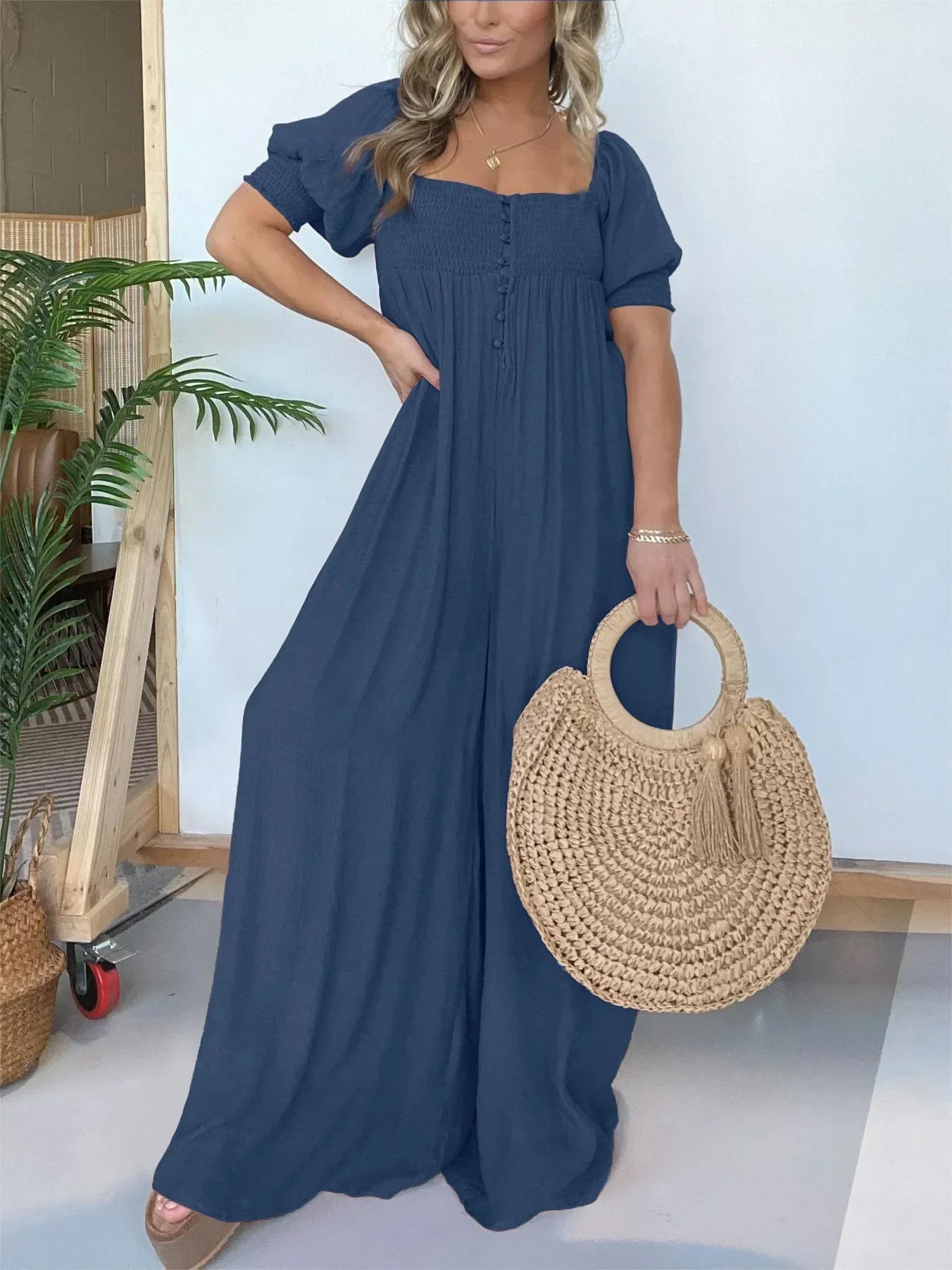 Variant image for Margaux | Femme Robe Longue Smockée à Détails Boutonnés-6