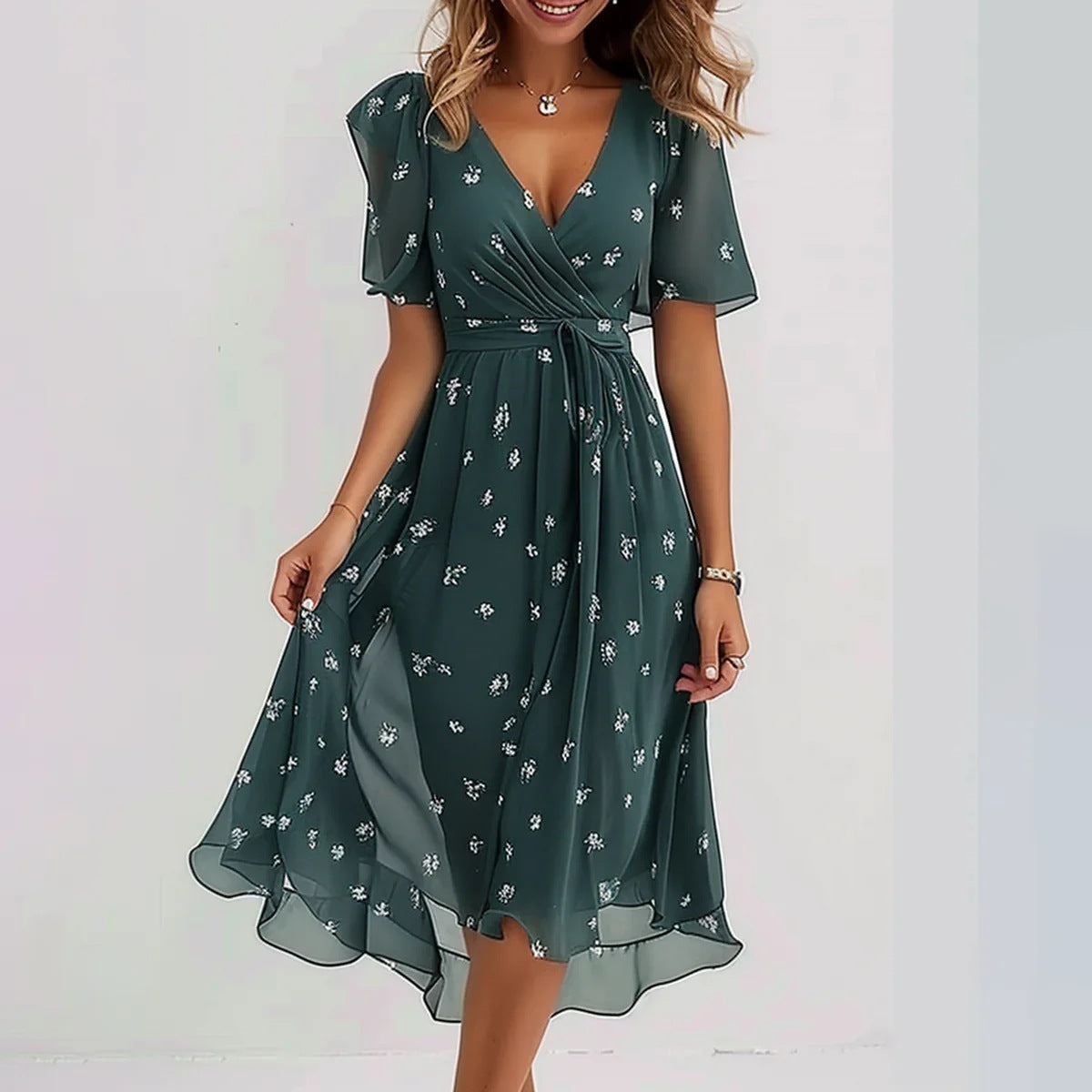 Gabrielle | Femme Robe Midi Imprimée Florale en Chiffon, Col V Élégant 5