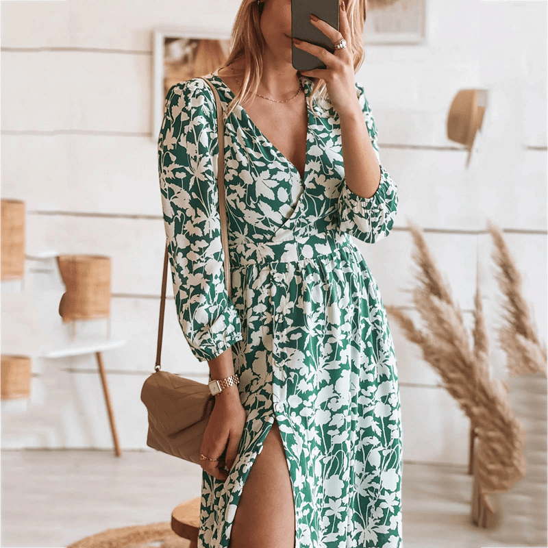 Camille | Femme Robe Longue Fleurie Imprimée Vertes 1