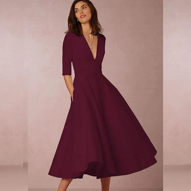 Variant image for Gabrielle | Femme Robe Midi A-Line Décolleté en V Tissu Luxueux-37