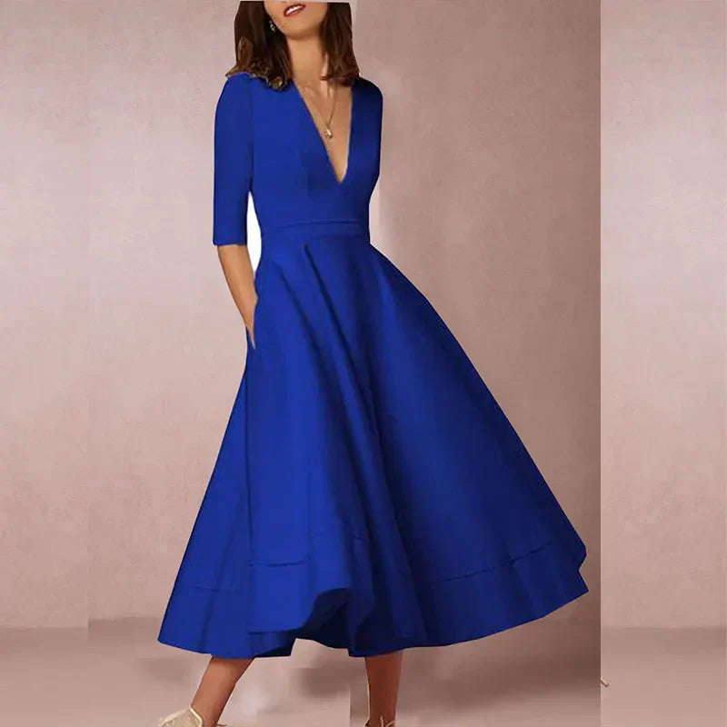 Variant image for Gabrielle | Femme Robe Midi A-Line Décolleté en V Tissu Luxueux-31