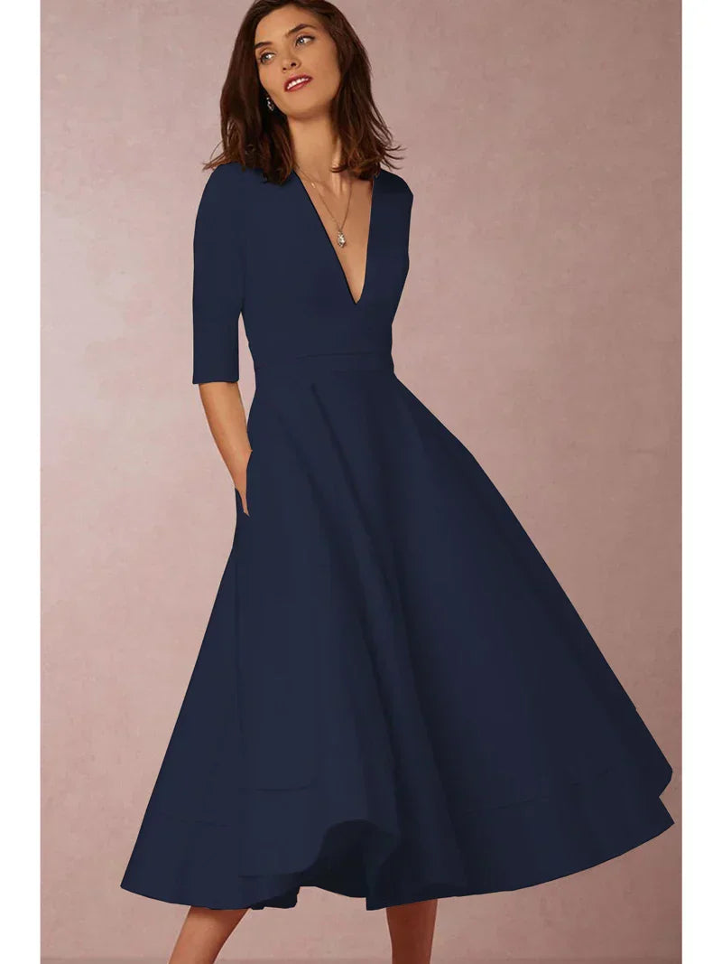 Gabrielle | Femme Robe Midi A-Line Décolleté en V Tissu Luxueux 4