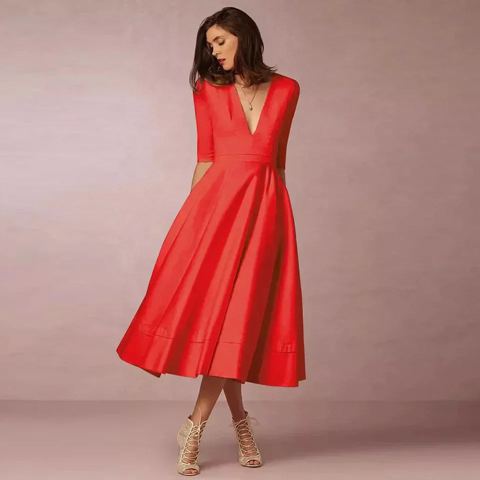 Gabrielle | Femme Robe Midi A-Line Décolleté en V Tissu Luxueux 6