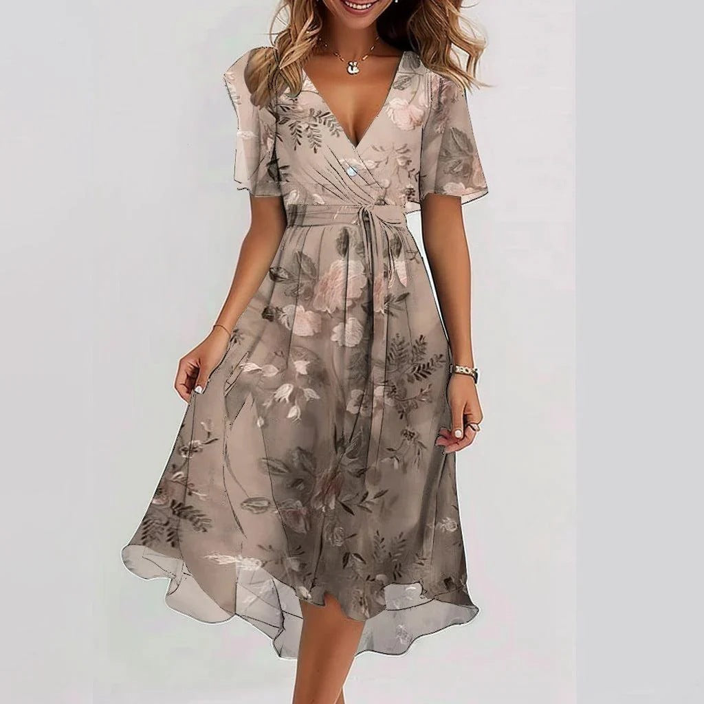 Variant image for Gabrielle | Femme Robe Midi Imprimée Florale en Chiffon, Col V Élégant-29