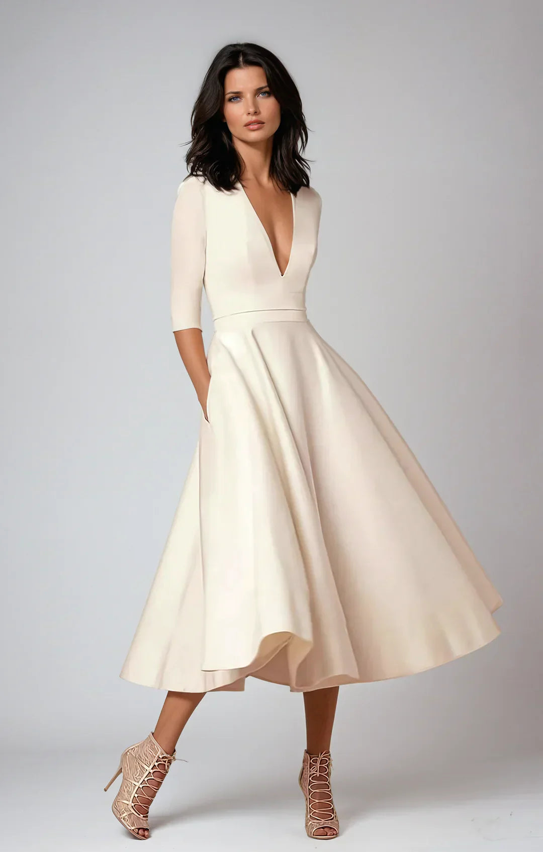 Gabrielle | Femme Robe Midi A-Line Décolleté en V Tissu Luxueux 1
