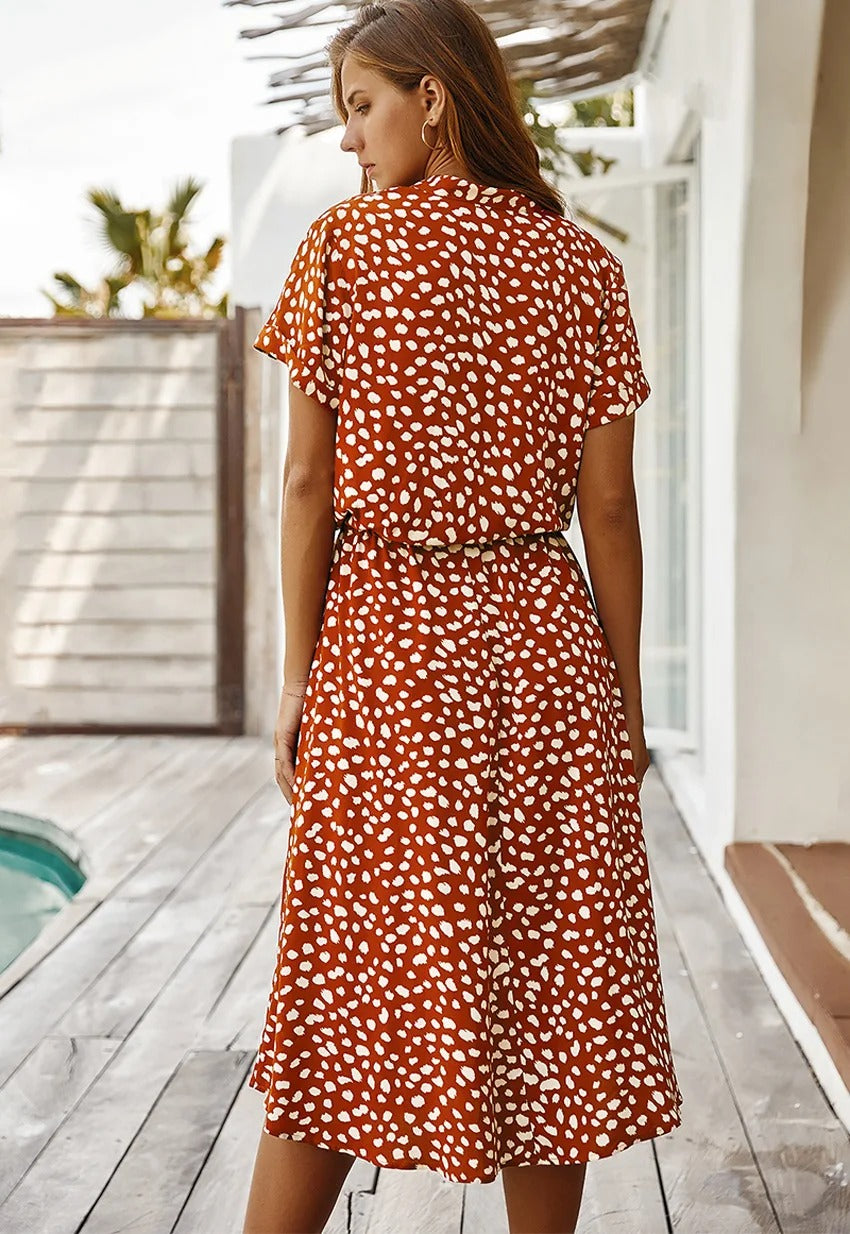 Margaux | Femme Robe D'Été Chic Imprimé Pois Léopard Taille Nouée 4