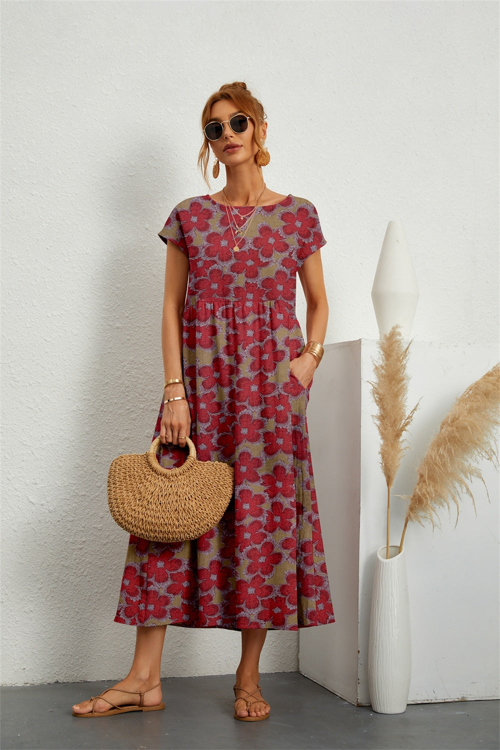 Margaux | Femme Robe Midi Imprimée Florale en Coton et Lin 2
