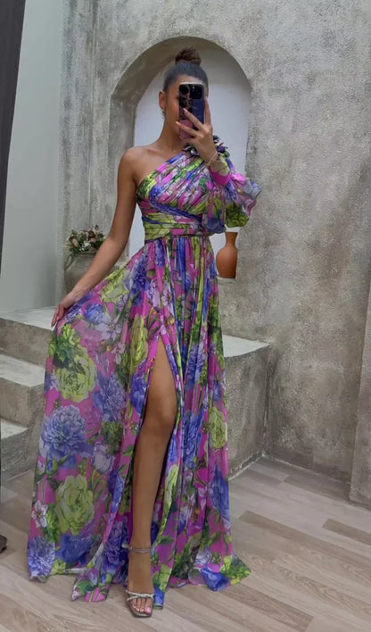 Camille | Femme Robe Longue De Soirée Épaule Dégagée Imprimé Floral 1