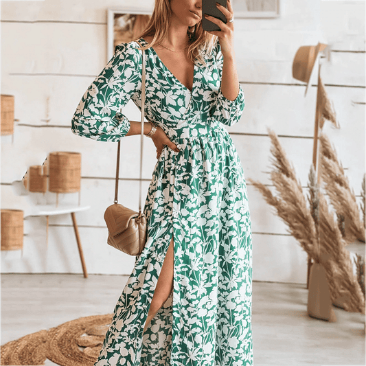 Camille | Femme Robe Longue Fleurie Imprimée Vertes 0