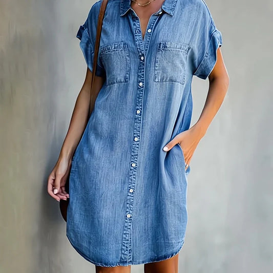 Maxence | Femme Robe en Jean Bleu Foncé à Encolure Retournée-1