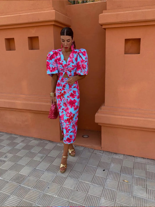 Gabrielle | Femme Robe Longue Été Imprimé Coloré avec Manches Plissées 1