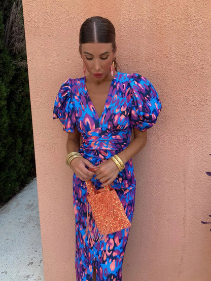 Gabrielle | Femme Robe Longue Été Imprimé Coloré avec Manches Plissées 3