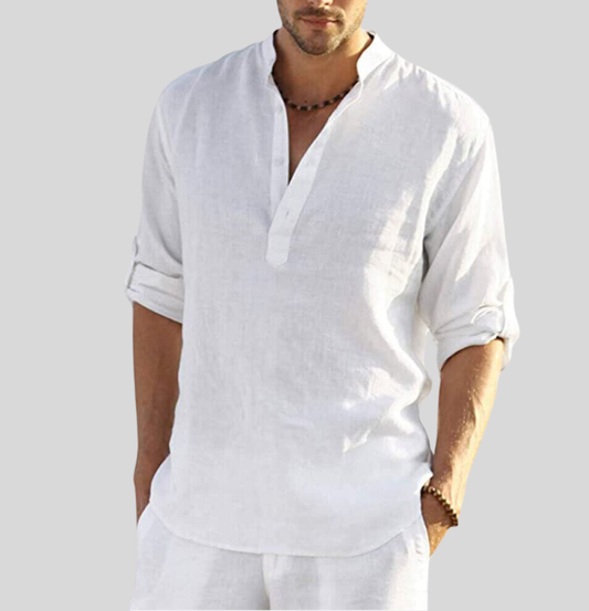 Maxime | Homme Chemise En Lin Col Henley Décontractée-1