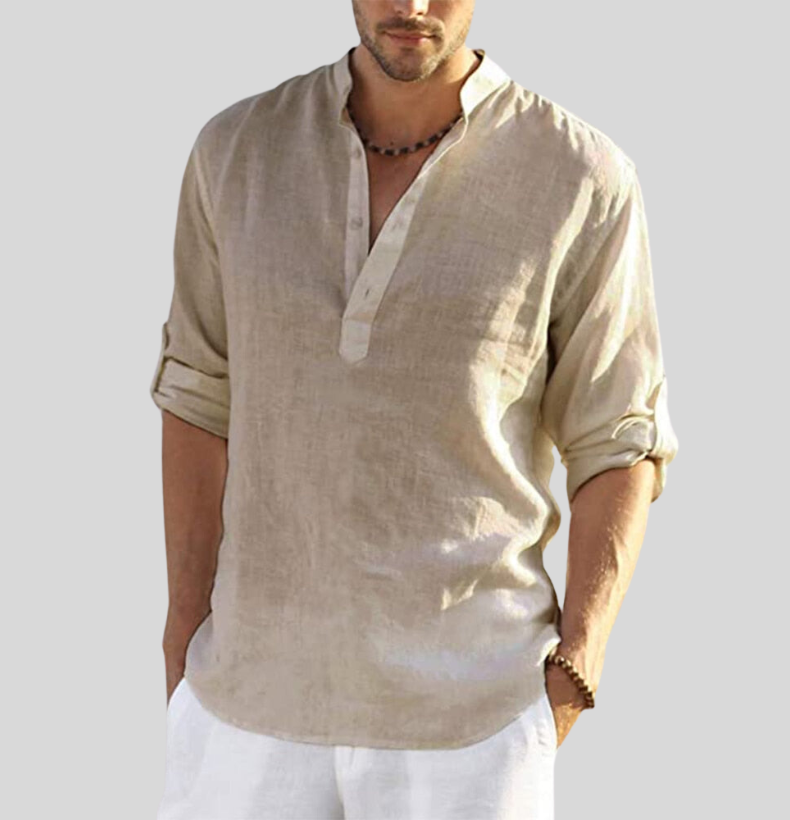 Maxime | Homme Chemise En Lin Col Henley Décontractée-2