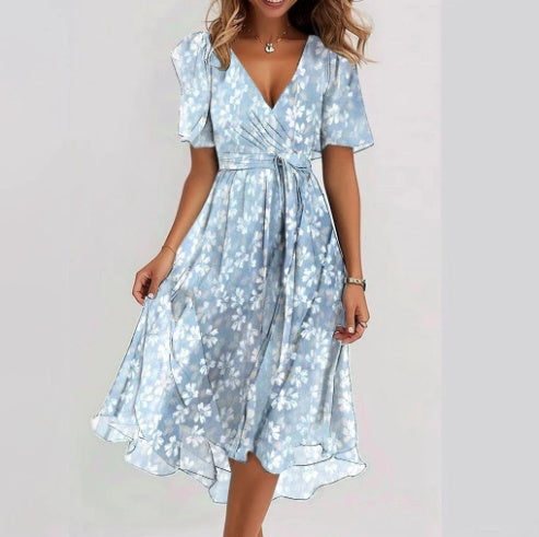 Gabrielle | Femme Robe Midi Imprimée Florale en Chiffon, Col V Élégant 1