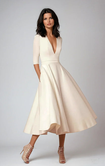 Gabrielle | Femme Robe Midi A-Line Décolleté en V Tissu Luxueux 1