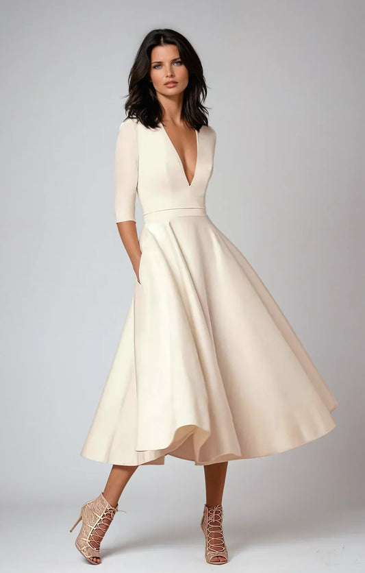 Gabrielle | Femme Robe Midi A-Line Décolleté en V Tissu Luxueux 1