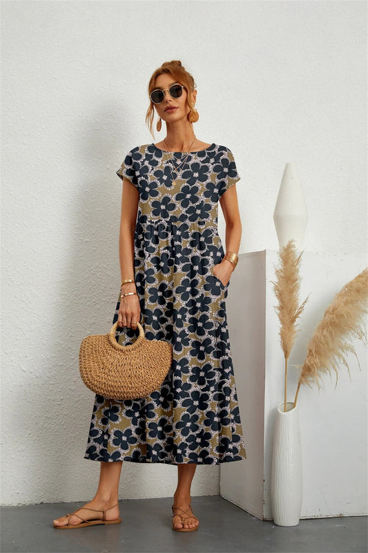 Margaux | Femme Robe Midi Imprimée Florale en Coton et Lin 1