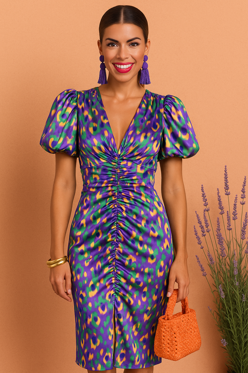 Camille | Femme Robe Midi Imprimé Floral à Manches Plissées