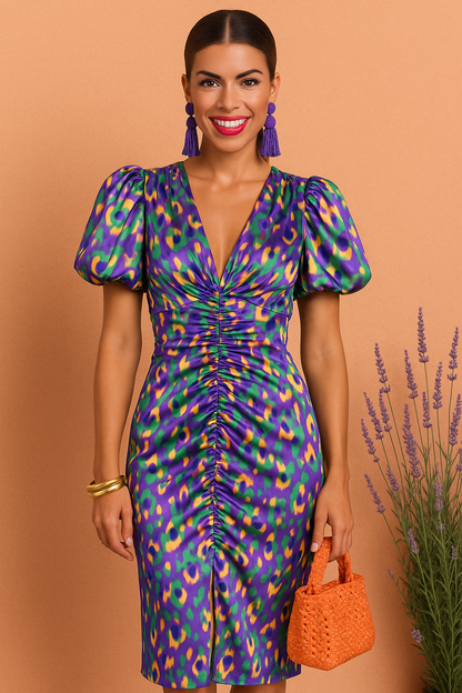 Camille | Femme Robe Midi Imprimé Floral à Manches Plissées