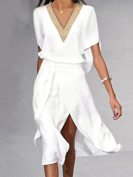 Margaux | Femme Robe Midi Chic Blanche à Col en V Élégante 1
